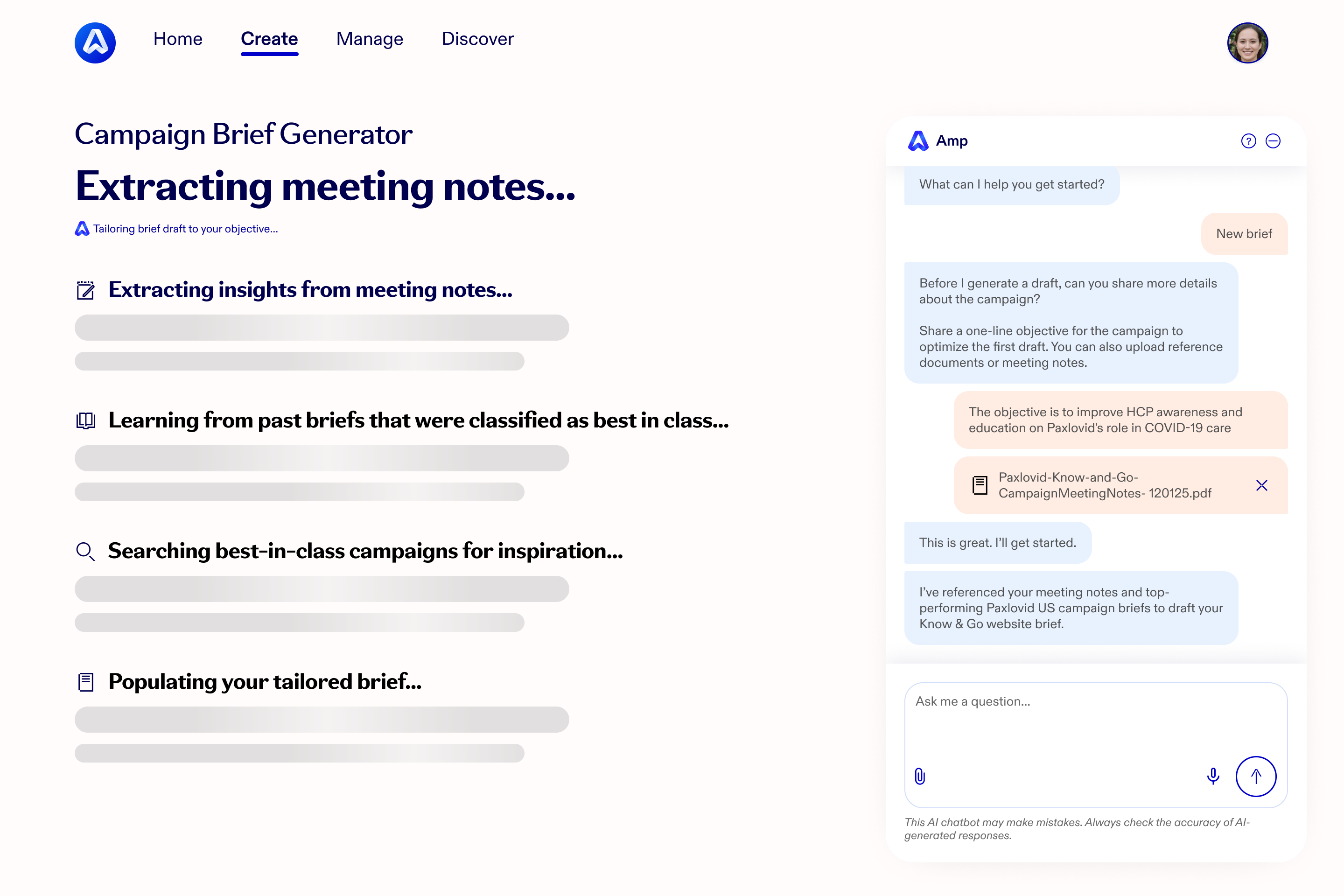 The Campaign Brief Generator mid-draft, headed “Extracting meeting notes…”. Four labelled steps — extracting insights from meeting notes, learning from past best-in-class briefs, searching campaigns for inspiration, and populating the tailored brief — each with skeleton placeholder bars. The Amp chat at right shows the marketer's one-line objective and an uploaded meeting-notes PDF.
